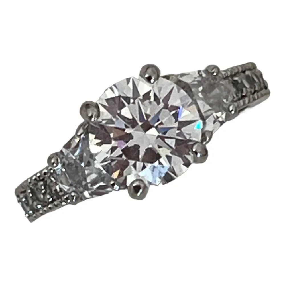 Silver Tone Ring CZ Three Stone Engagement Signed RSC Size 7 - 1E